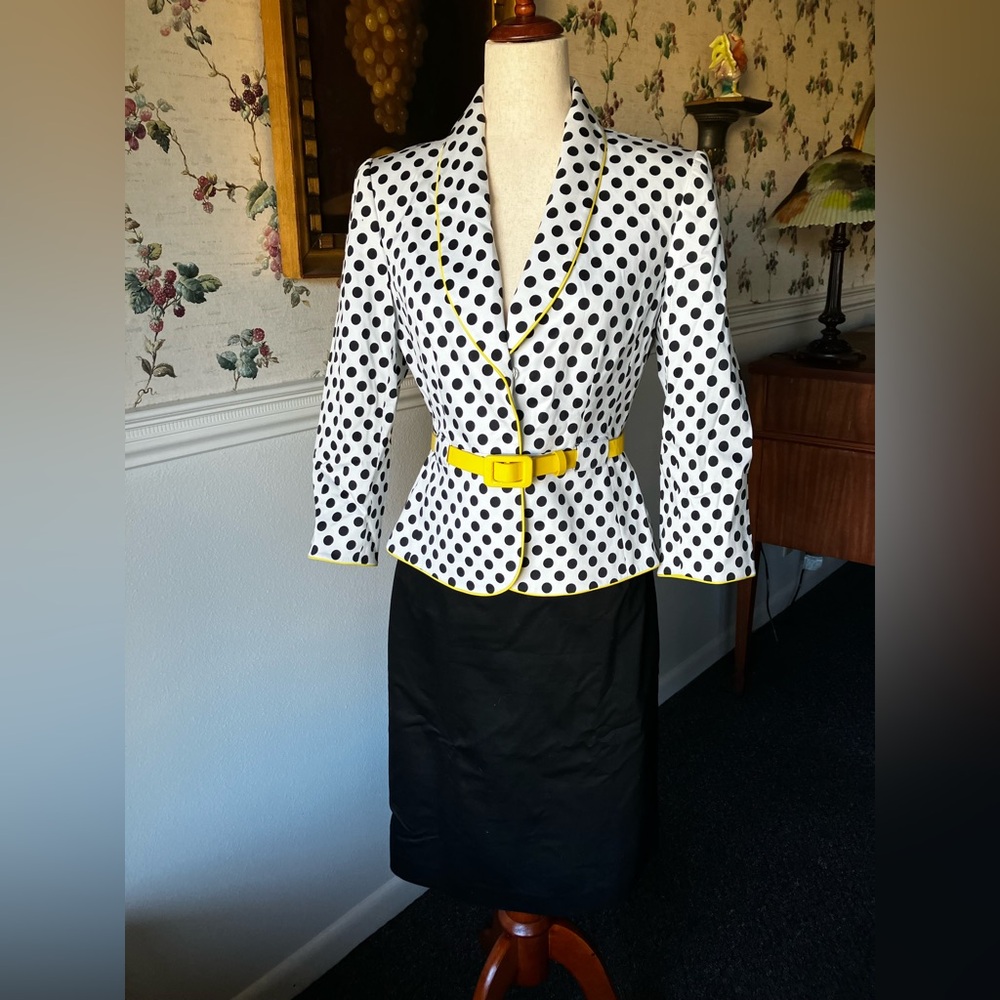 Vintage Tahari Black White Yellow Polka Dot Skirt Suit Set